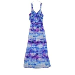 Faded Glory Chiffon Large Maxi Dress Ruffle Smocked Waist Tie Dye Palm Trees